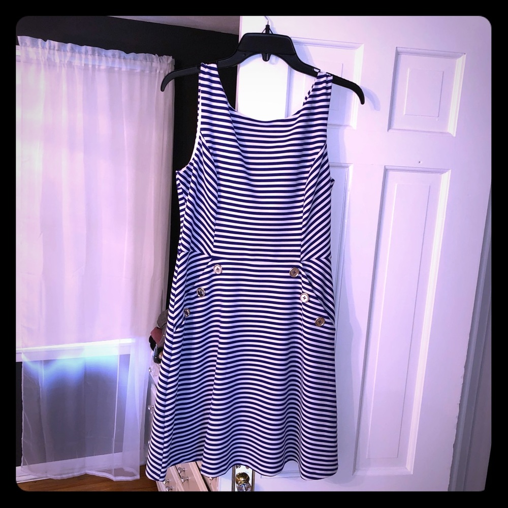 Blue and white dress with gold buttons